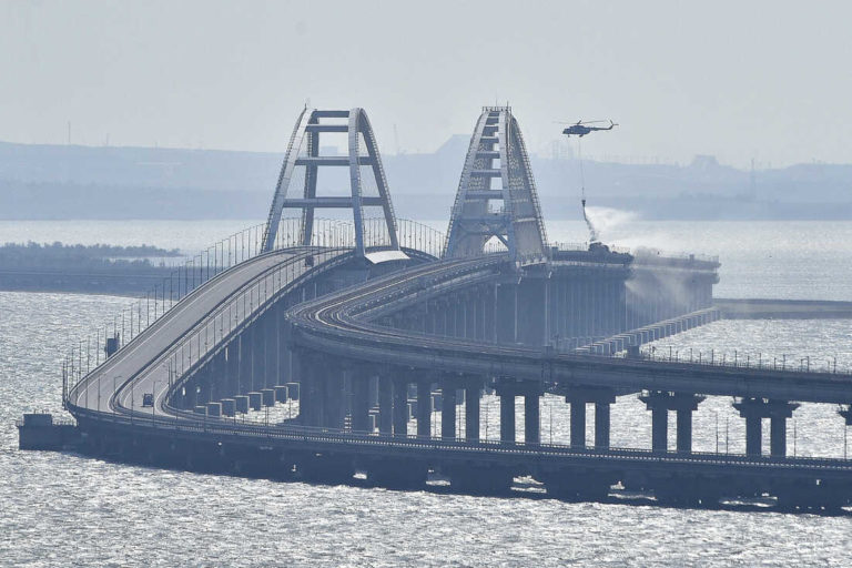 CRIMEA BRIDGE CAPABLE OF TRAFFIC, trains and cars move on it CRIMEA BRIDGE CAPABLE OF TRAFFIC, trains and cars move on it